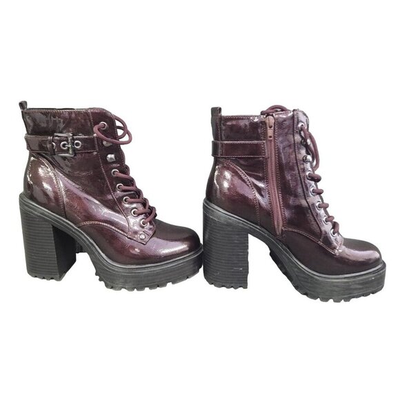 Guess GBG Sammi Chunky Platform Burgundy Patent Vegan Leather Combat Boots 7.5 - Picture 2 of 5